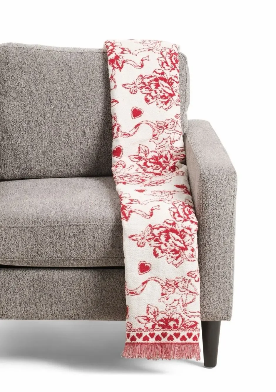 New! Rachel Zoe Cupid Toile Chenille Throw Blanket Angels Cherubs Hearts Red/Wht